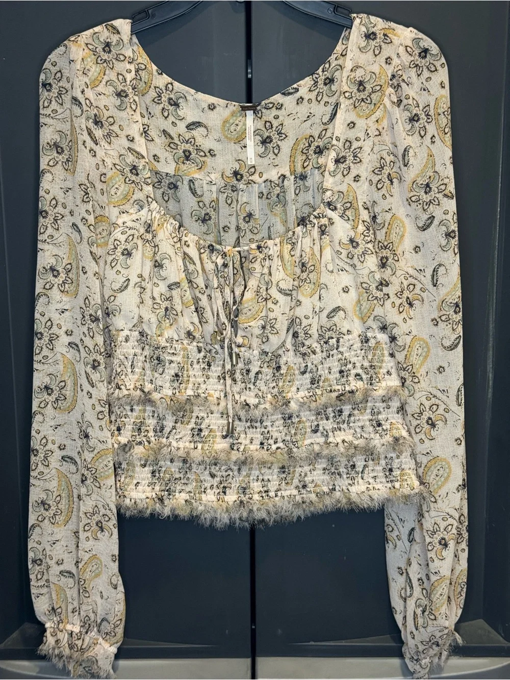 Free People Lolita Cream Paisley Smocked Square-Neck Blouse